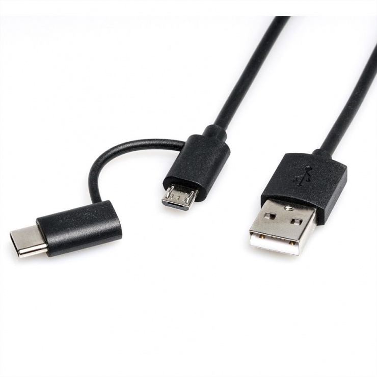 Imagine Cablu micro USB-B 2.0 + adaptor USB-C la USB-A T-T 1m Negru, Roline 11.02.8328