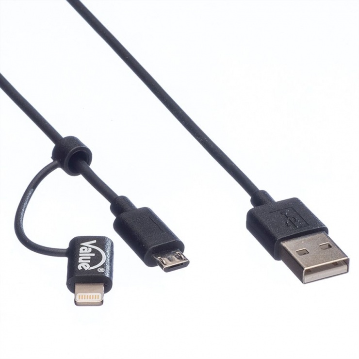 Imagine Cablu USB la micro USB-B + adaptor Lightning iPhone 5/6/7 Negru 1m, Value 11.99.8325-4