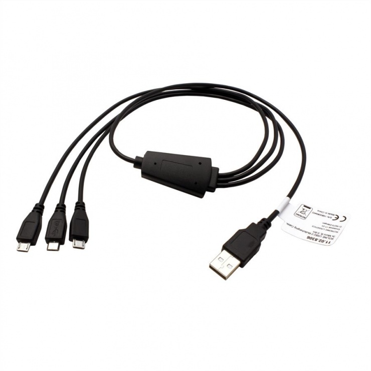 Imagine Cablu de incarcare USB 2.0-A la 3 x micro USB-B 0.8m Negru, Roline 11.02.8306