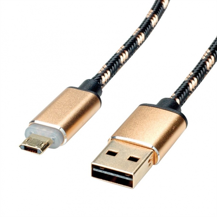 Imagine Cablu USB la micro USB-B reversibil cu LED GOLD Quick/Fast Charge 2.0 (incarcare rapida) T-T 1m, Rol