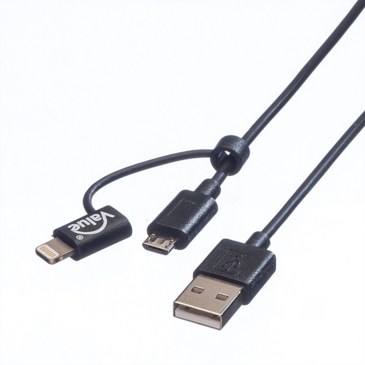 Imagine Cablu USB la micro USB-B + adaptor Lightning iPhone 5/6/7 Negru 1m, Value 11.99.8325
