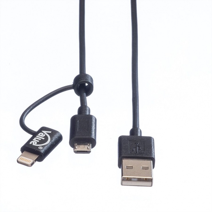 Imagine Cablu USB la micro USB-B + adaptor Lightning iPhone 5/6/7 Negru 1m, Value 11.99.8325-2