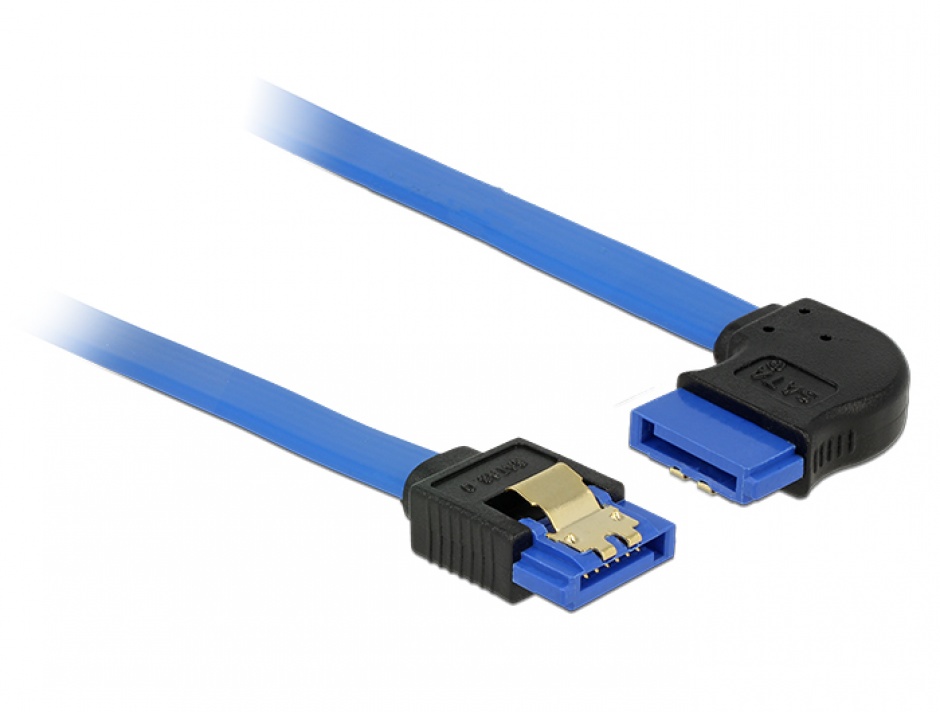 Imagine Cablu SATA III 6 Gb/s unghi drept-dreapta Bleu 30cm, Delock 84990