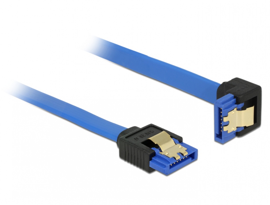 Imagine Cablu SATA III 6 Gb/s unghi drept-jos Bleu 30cm, Delock 85090