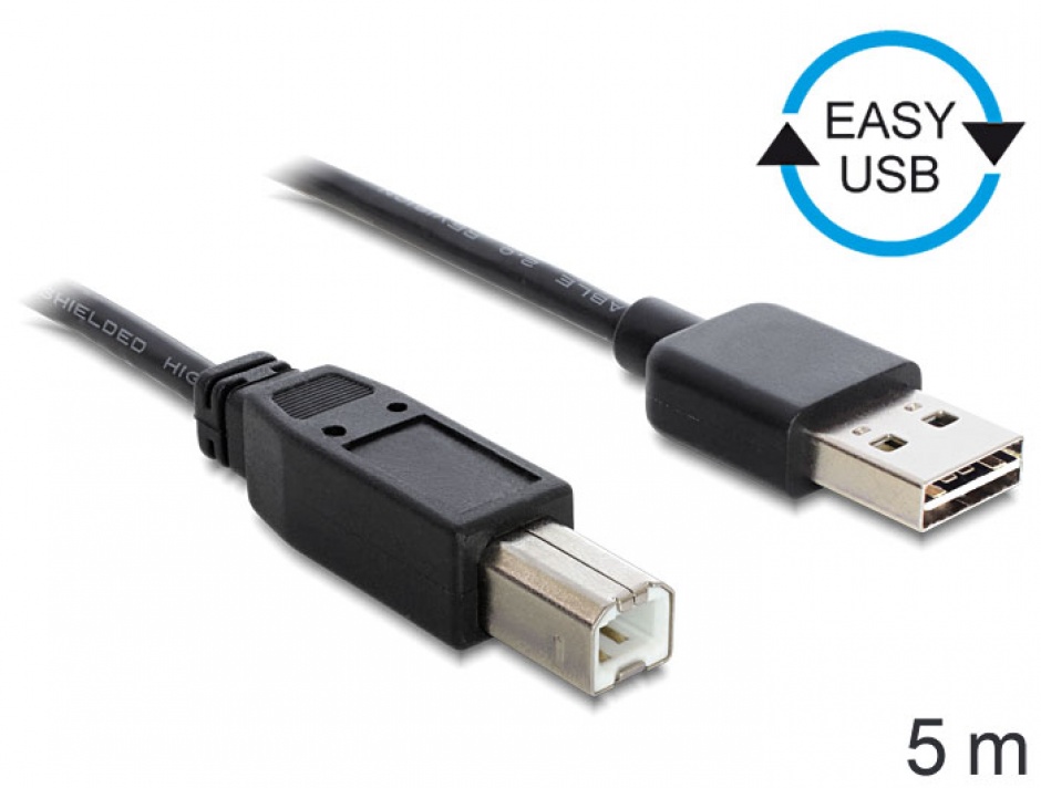 Imagine Cablu EASY-USB 2.0 tip A la USB-B T-T 5m Negru, Delock 83361