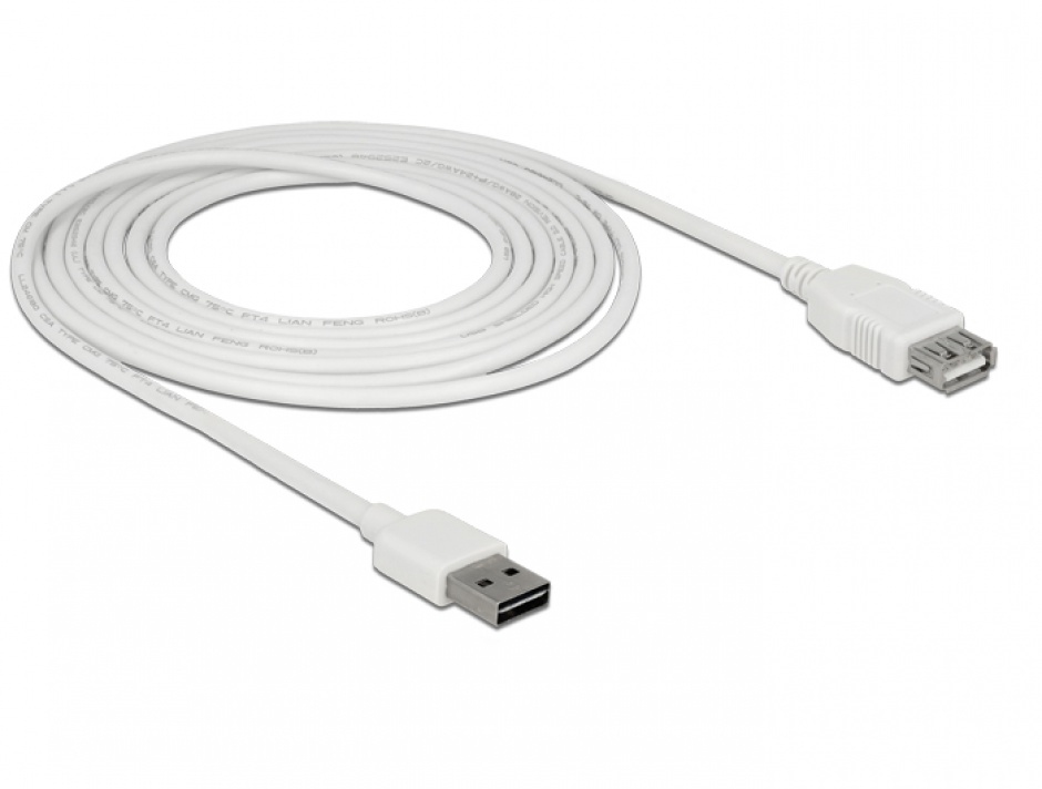 Imagine Cablu prelungitor EASY-USB 2.0 tip A T-M 3m Alb, Delock 85201 