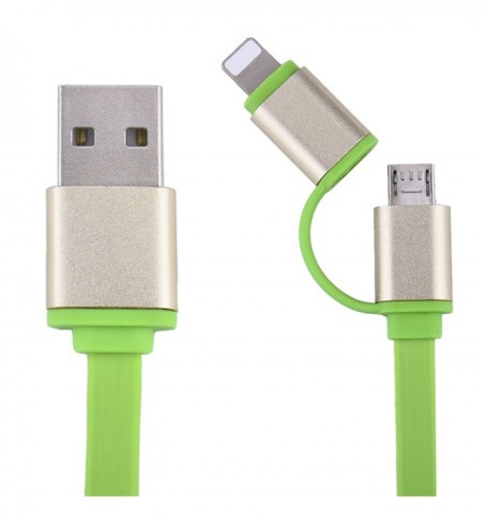 Imagine Cablu de date si incarcare micro USB-B + adaptor Lightning 1m Verde