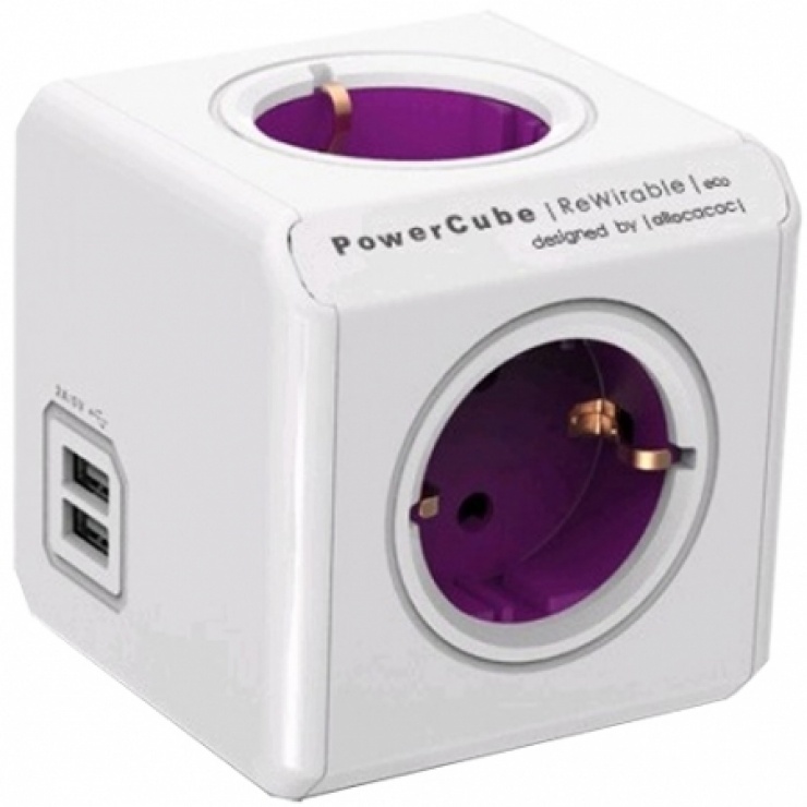 Imagine Prelungitor sub forma de cub Power Cube 4 prize Schuko + 2 x USB + 4 adaptoare priza 1m Alb/mov, ALLOCACOC