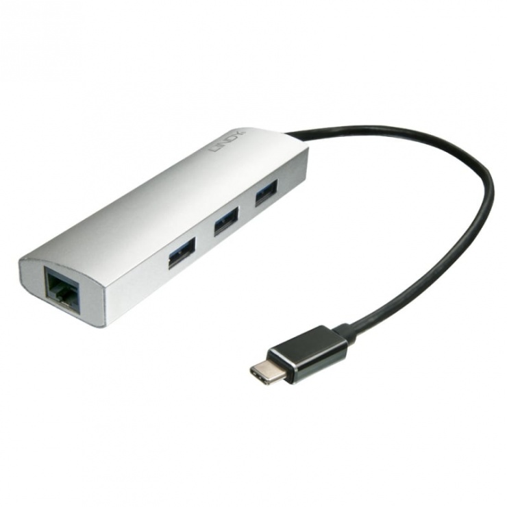 Imagine Adaptor USB 3.1 tip C la Gigabit + HUB 3 porturi, Lindy L43177