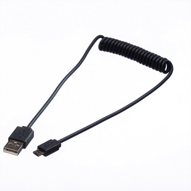 Imagine Cablu spiralat USB 2.0 la micro USB-B Negru 1m, Roline 11.02.8317