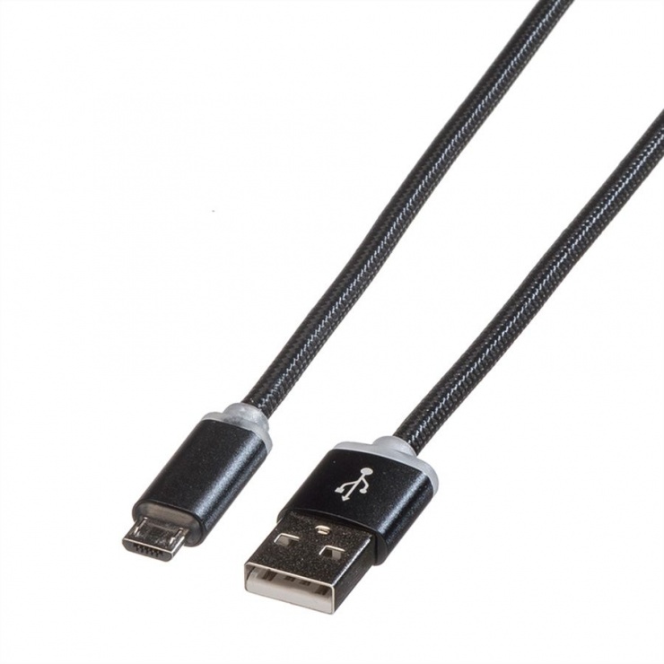 Imagine Cablu USB la micro USB pentru incarcare cu indicator LED 1m Negru, Roline 11.02.8318