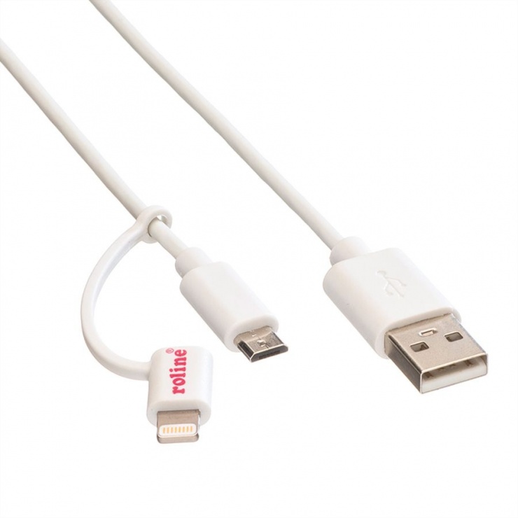 Imagine Cablu USB la micro USB-B + adaptor Lightning iPhone 5/6/7 MFI Alb 1m, Roline 11.02.8325