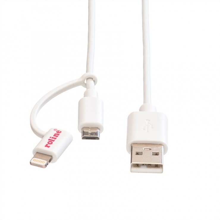 Imagine Cablu USB la micro USB-B + adaptor Lightning iPhone 5/6/7 Alb 1m, Roline 11.02.8325-2
