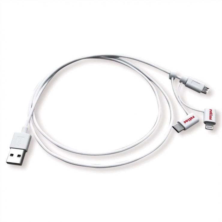 Imagine Cablu de date si incarcare USB la USB-C + micro USB-B + Lightning 1m Alb, Roline 11.02.8329 -2