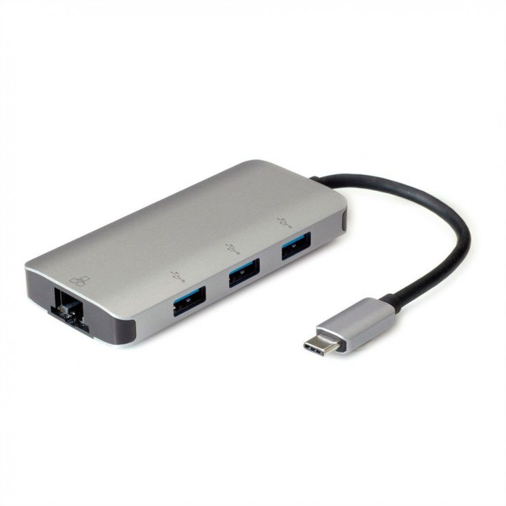 Imagine HUB USB-C cu 3 porturi USB-A + 1 x Gigabit LAN, Roline 12.02.1108