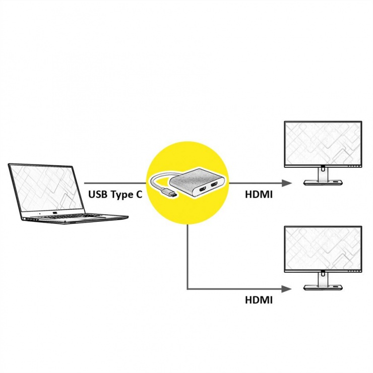 Imagine Adaptor USB tip C la 2 x HDMI 10cm, Roline 12.02.1132