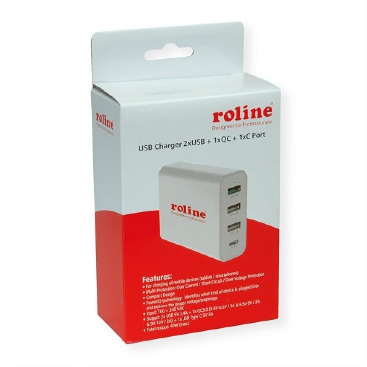 Imagine Incarcator priza 4 porturi USB ( 3 x USB-A 2.4A + 1 x USB-C 3A) max. 40W, Roline 19.11.1031-2