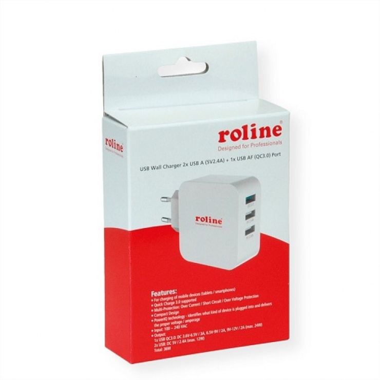 Imagine Incarcator priza 3 porturi USB (1 x Quick Charge/Incarcare rapida 3.0 3A + 2 x 5V/2.4A) 36W, Roline-