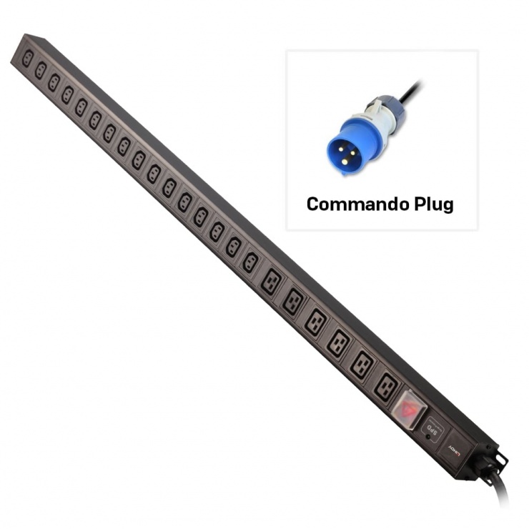 Imagine PDU vertical Commando plug la 22 porturi (6 x IEC C19 + 16 x IEC C13) 3m 32A, Lindy L29989