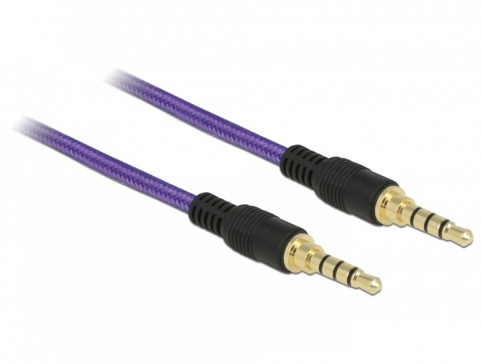 Imagine Cablu audio jack stereo 3.5mm (pentru smartphone cu husa) T-T 4 pini 0.5m mov, Delock 85593