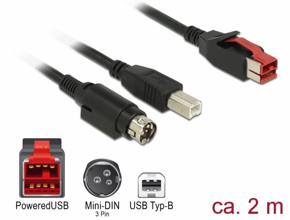 Imagine Cablu PoweredUSB 24V la USB-B + Hosiden Mini-DIN 3 pini 2m pentru POS/terminale, Delock 85488