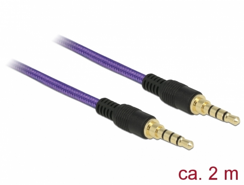 Imagine Cablu audio jack stereo 3.5mm (pentru smartphone cu husa) T-T 4 pini 2m mov, Delock 85599
