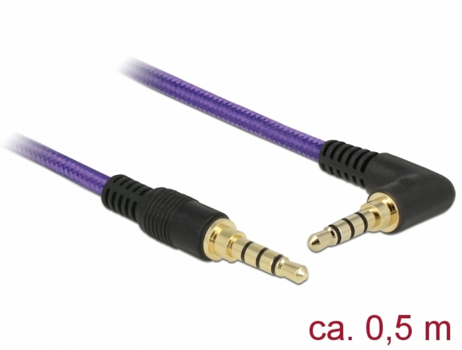 Imagine Cablu stereo jack 3.5mm 4 pini (pentru smartphone cu husa) unghi Mov T-T 0.5m, Delock 85608