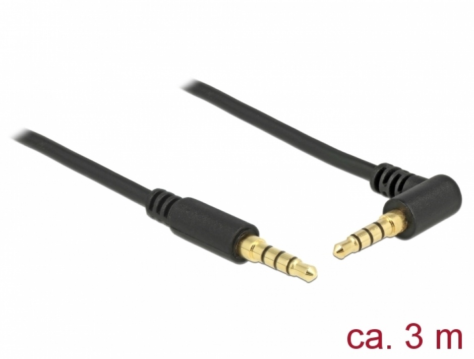 Imagine Cablu Stereo Jack 3.5 mm (pentru smartphone cu husa) 4 pini unghi 3m T-T Negru, Delock 85616