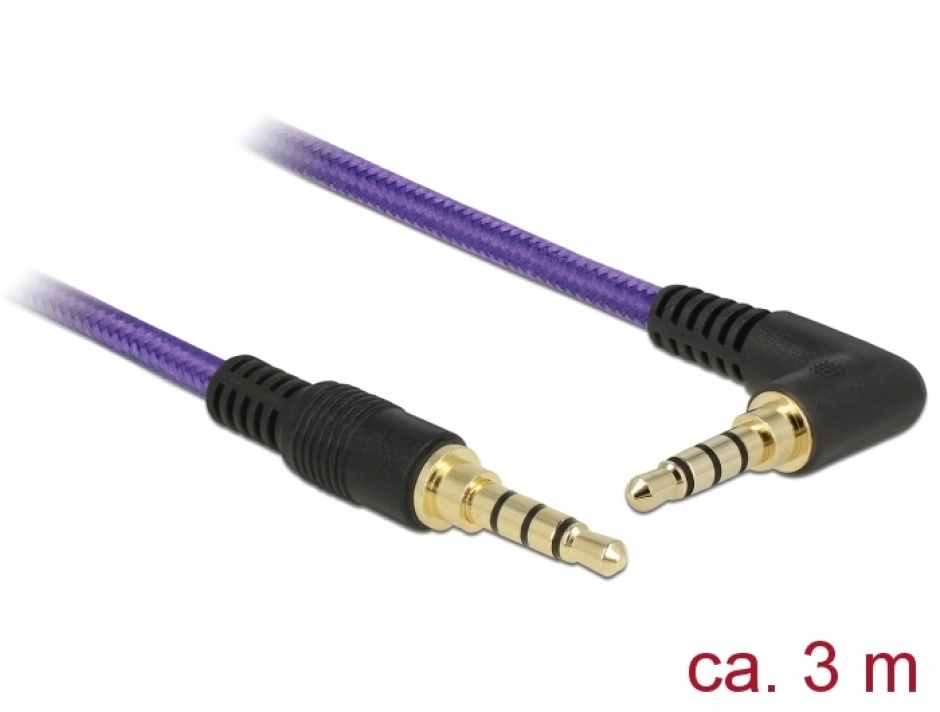 Imagine Cablu stereo jack 3.5mm 4 pini (pentru smartphone cu husa) unghi Mov T-T 3m, Delock 85617