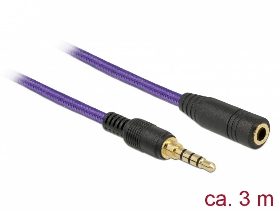 Imagine Cablu prelungitor jack stereo 3.5mm (pentru smartphone cu husa) T-M 4 pini 3m mov, Delock 85625