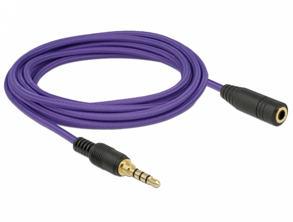 Imagine Cablu prelungitor jack stereo 3.5mm (pentru smartphone cu husa) T-M 4 pini 3m mov, Delock 85625-1