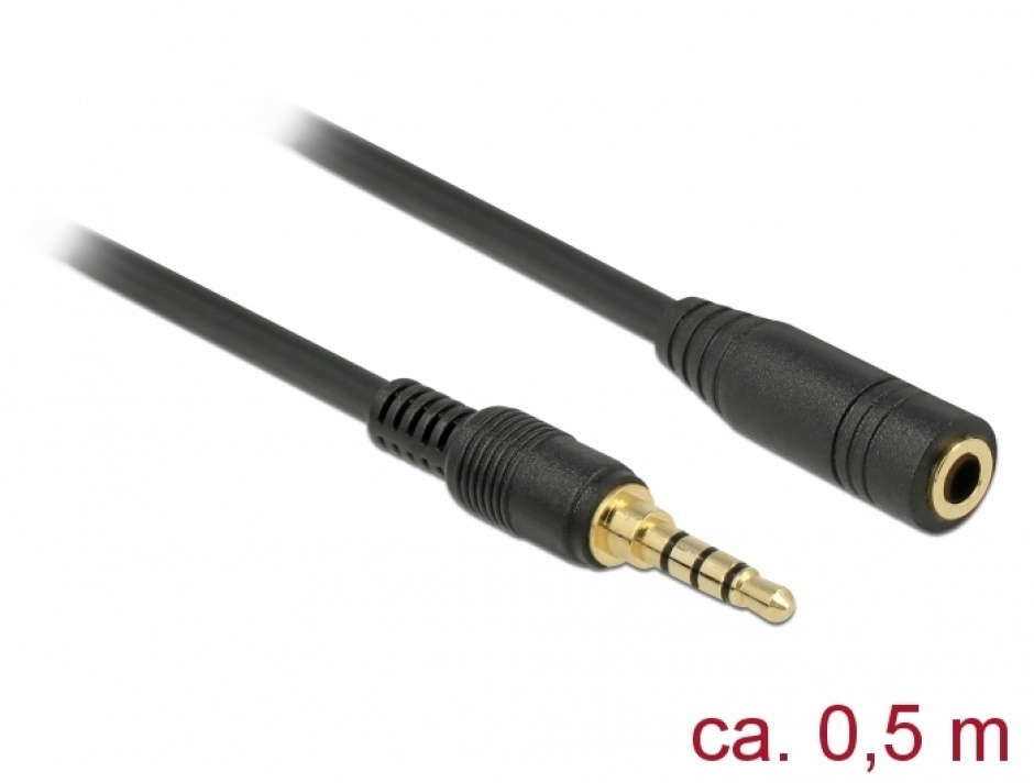 Imagine Cablu prelungitor audio jack 3.5mm 4 pini (pentru smartphone cu husa) T-M 0.5m, Delock 85627
