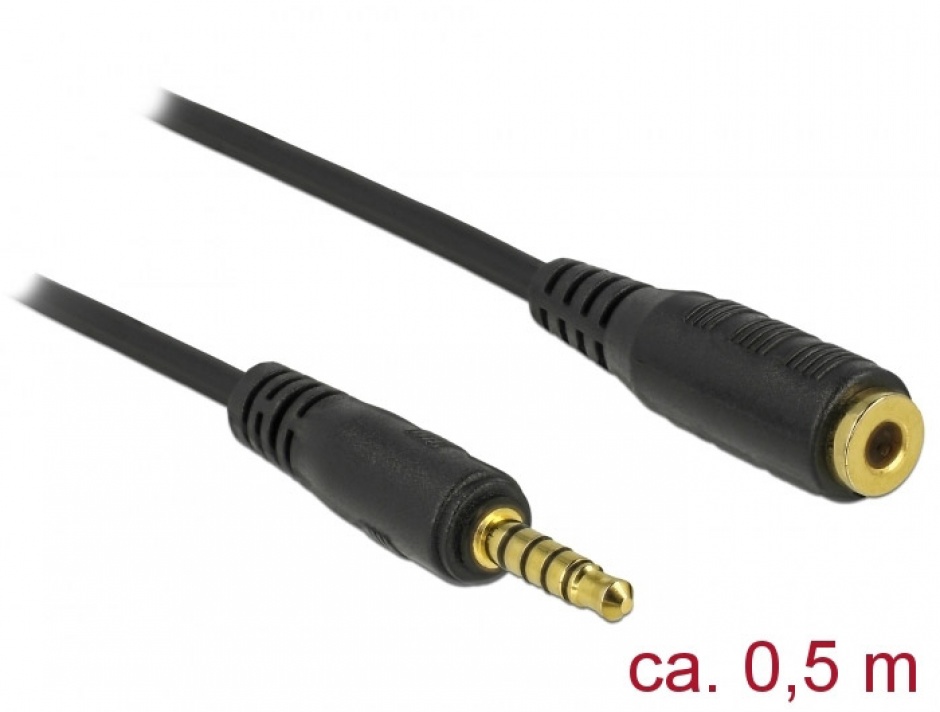 Imagine Cablu prelungitor jack stereo 3.5mm 5 pini T-M Negru 0.5m, Delock 85700