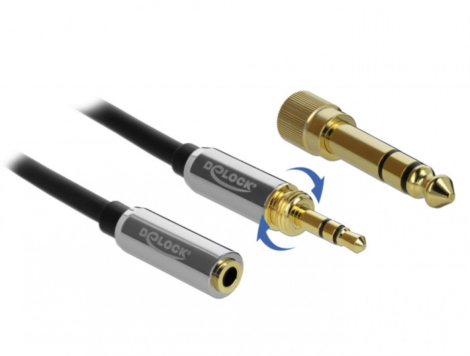 Imagine Cablu prelungitor jack stereo 3.5mm 3 pini T-M + adaptor cu surub 6.35 mm 5m, Delock 85783
