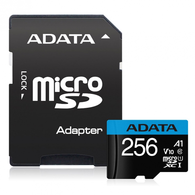 Imagine Card de memorie MicroSD SDXC 256GB clasa 10 + adaptor SD, ADATA AUSDX256GUICL10A1-RA1