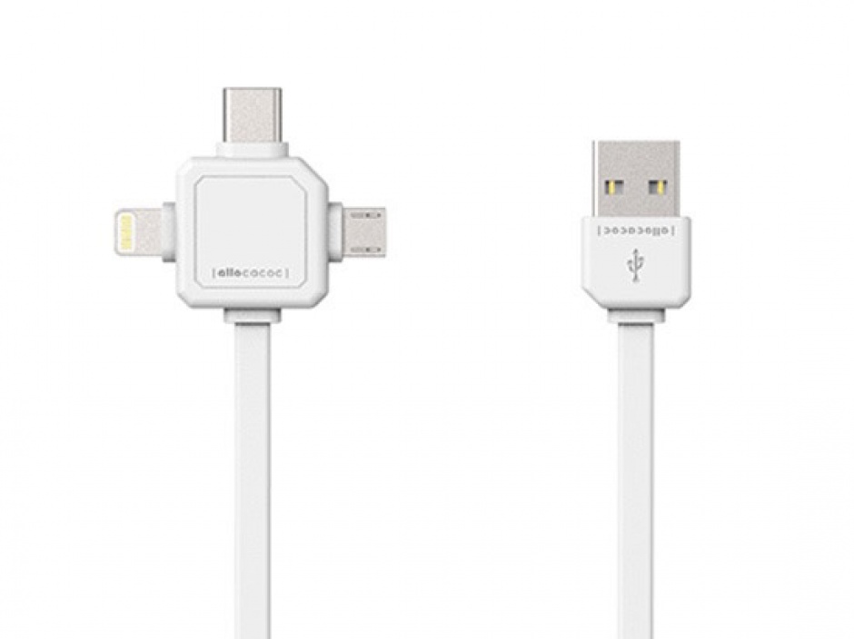 Imagine Cablu date si incarcare 3 in 1 (micro USB, USB-C, Lightning) 1.5m Alb, Allocacoc