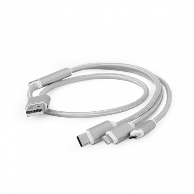 Imagine Cablu USB 2.0 la Micro USB-B, USB-C si Lightning Apple 1m, Gembird CC-USB2-AM31-1M-S