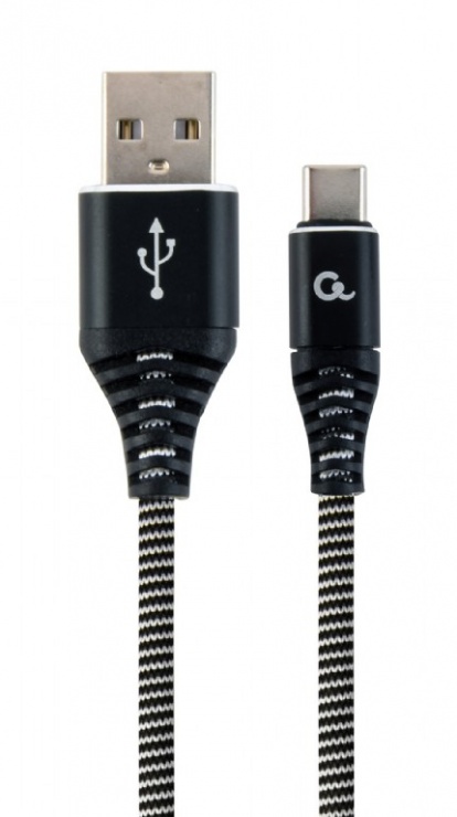 Imagine Cablu USB 2.0 la USB-C Premium Alb/Negru brodat 2m, Gembird CC-USB2B-AMCM-2M-BW