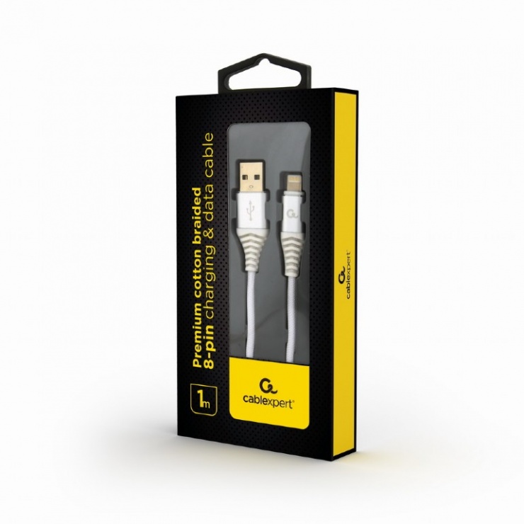 Imagine Cablu date + incarcare USB la iPhone Lightning Premium 1m Argintiu/Alb, Gembird-1