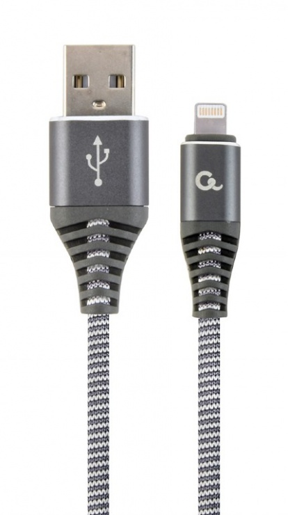 Imagine Cablu date + incarcare USB la iPhone Lightning Premium 1m Silver/Alb, Gembird CC-USB2B-AMLM-1M-WB2