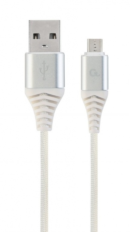Imagine Cablu micro USB-B la USB 2.0 Premium Argintiu/Alb brodat 2m, Gembird CC-USB2B-AMmBM-2M-BW2