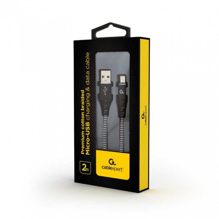 Imagine Cablu micro USB-B la USB 2.0 Premium Alb/Negru brodat 2m, Gembird-1