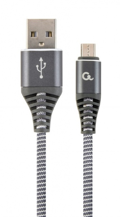 Imagine Cablu micro USB-B la USB 2.0 Premium Gri/Alb brodat 2m, Gembird CC-USB2B-AMmBM-2M-WB2