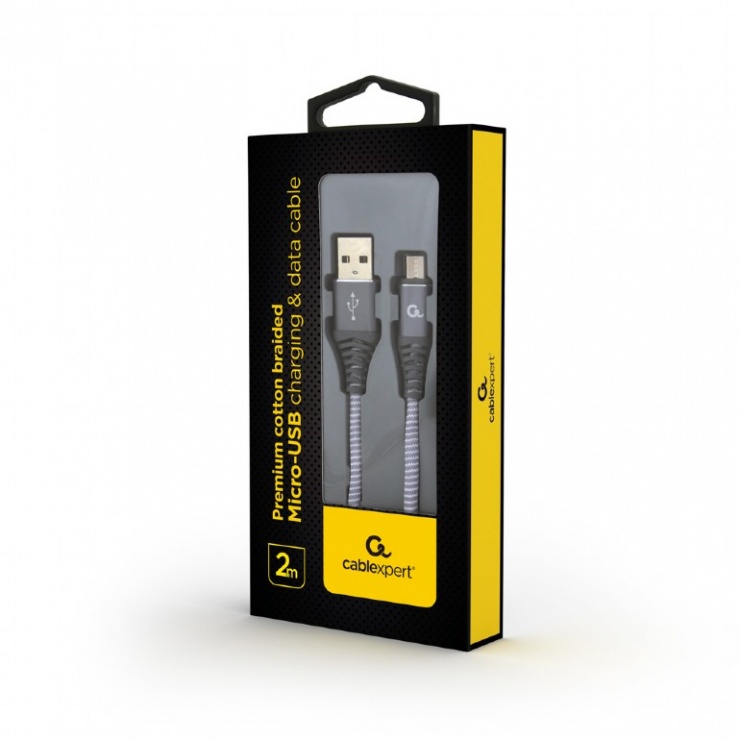 Imagine Cablu micro USB-B la USB 2.0 Premium Gri/Alb brodat 2m, Gembird CC-USB2B-AMmBM-2M-WB2-1