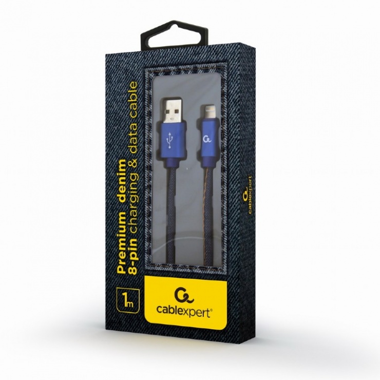 Imagine Cablu USB 2.0 la iPhone Lightning Premium jeans (denim) 1m, Gembird-1
