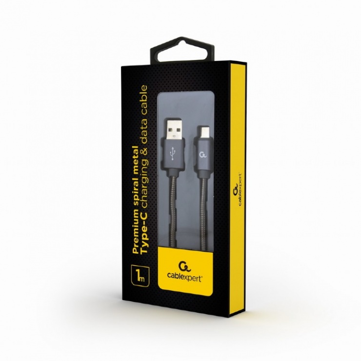 Imagine Cablu USB2.0-A la USB-C metalic spiral Premium 1m Metalic/Gri, Gembird-1
