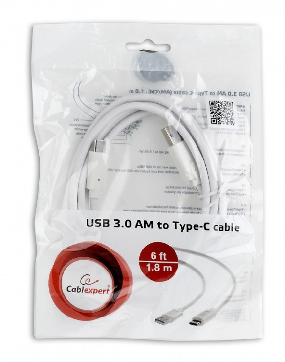 Imagine Cabluri USB 3.0 tip A la USB tip C T-T 1.8m Alb, Gembird CCP-USB3-AMCM-6-W