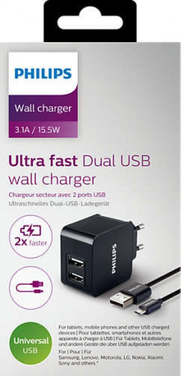 Imagine Incarcator priza 2 x USB 5V/3.1A/15.5W + cablu micro USB, Philips DLP2307U/12-1