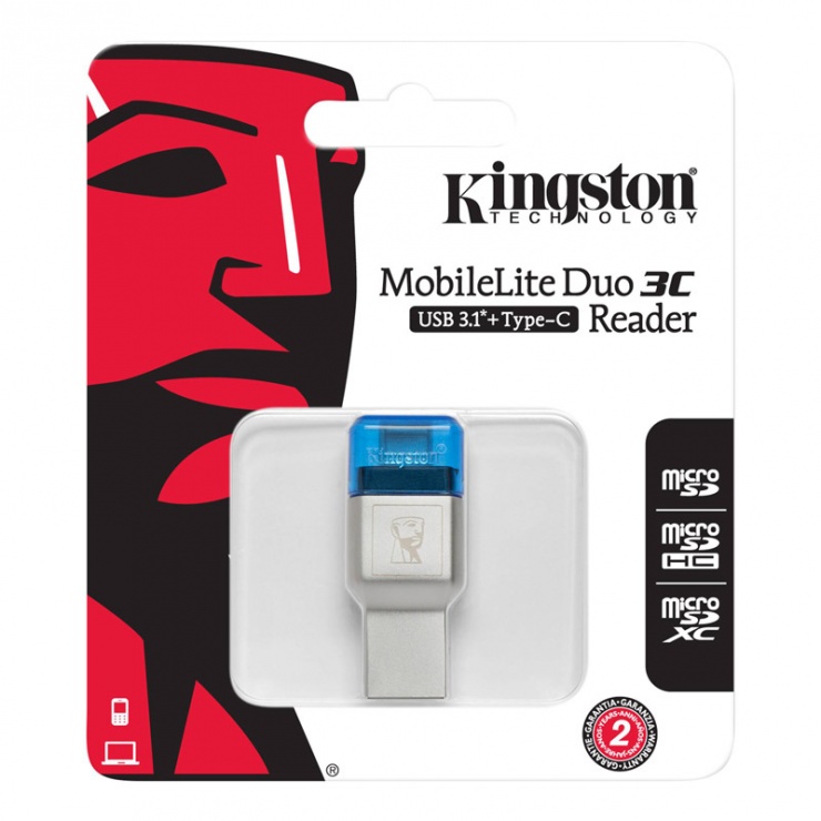 Imagine Cititor de carduri USB 3.1-C la microSD/SDHC/SDXC UHS-I, Kingston FCR-ML3C-2