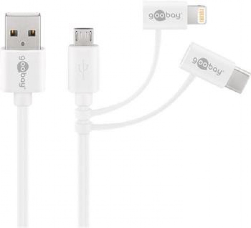 Imagine Cablu combo 3 in 1 micro USB cu adaptor USB-C si Lightning MFI 1m Alb, Goobay 45562